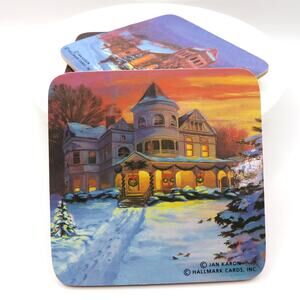 Hallmark Jan Karon Christmas Coaster Set 4 Cork Backed Winter Village Scenes